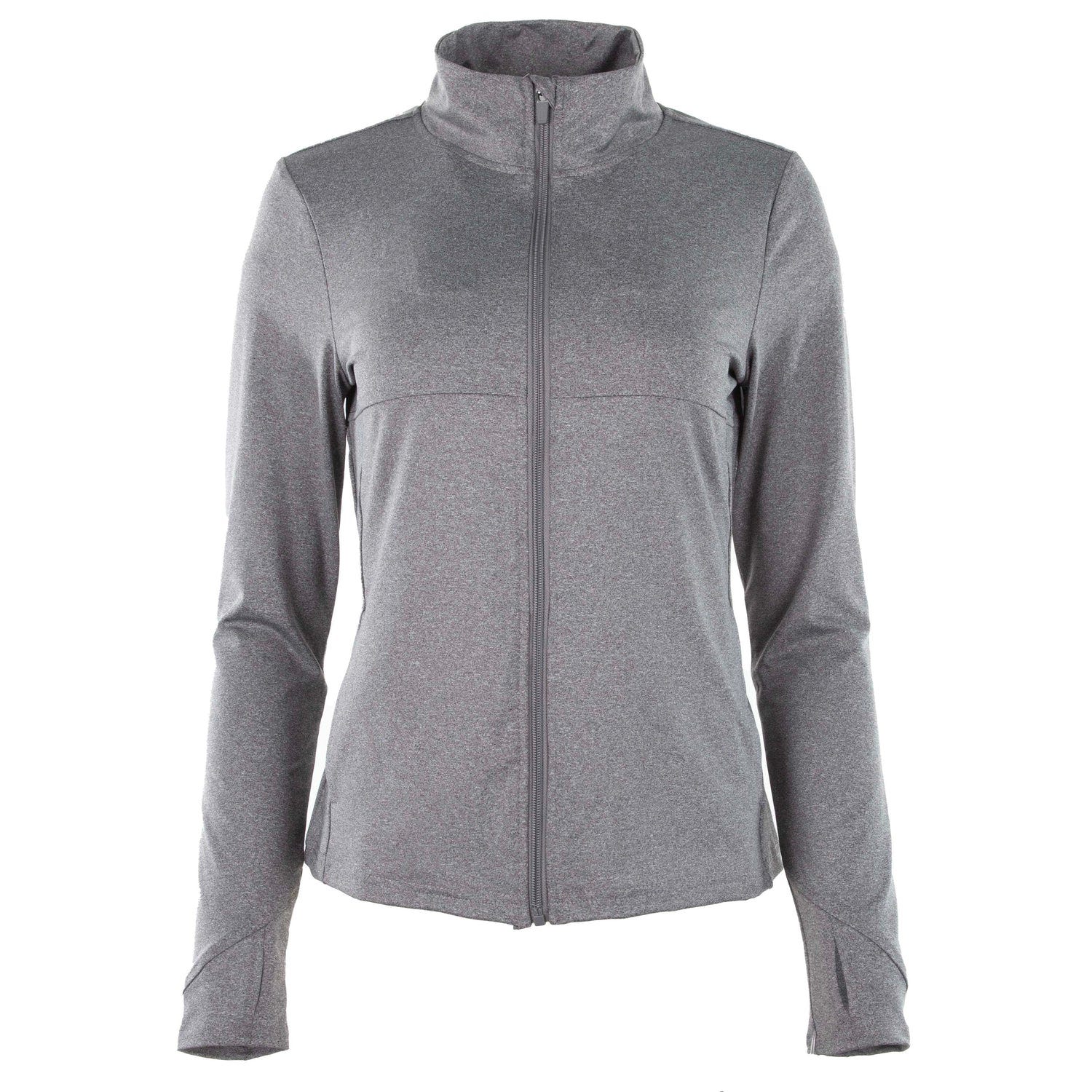 A gray full-zip jacket with a high collar and visible seams, featuring two front pockets.