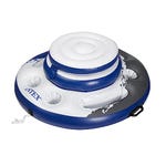 A circular Intex inflatable floating cooler in blue and white, featuring built-in cup holders around the edge and a central storage area.