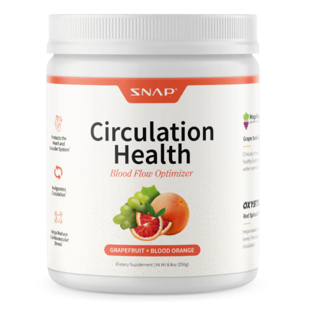SNAP Circulation Health Blood Flow Optimizer, a dietary supplement in a 250g container, featuring grapefruit and blood orange. Promotes heart and vascular health, invigorates circulation, and may reduce cardiovascular stress.