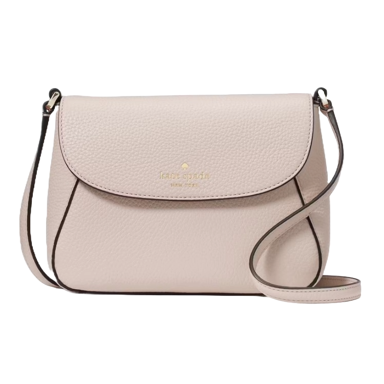 A light pink Kate Spade crossbody bag with a pebbled texture, flap closure, and gold logo detailing.