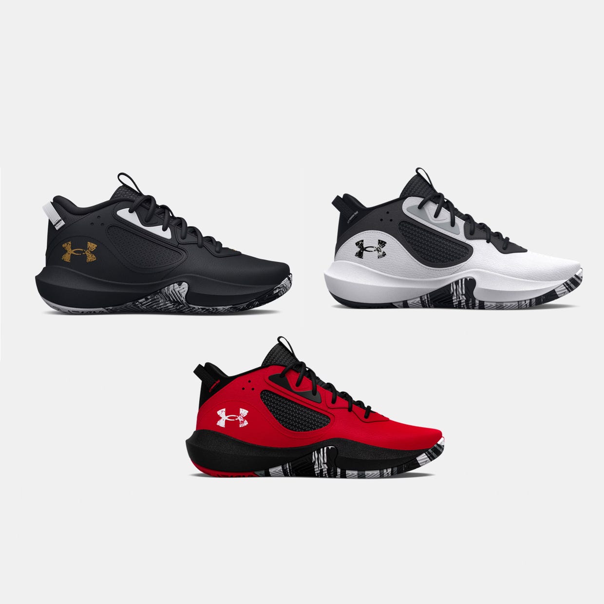 Three pairs of basketball sneakers in black, white, and red colors, each with a distinctive logo on the side.