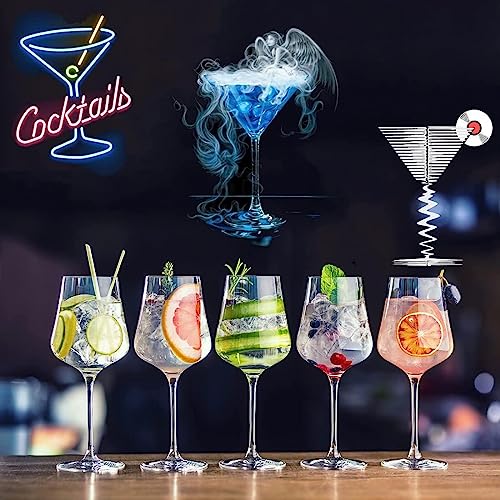 Five different cocktails are showcased, each in a tall glass garnished with various fruits, with a neon sign illustration of a cocktail and a whimsical cloud of smoke coming from one drink.