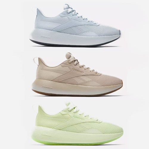 Three pairs of Reebok sneakers, displayed in light blue, beige, and light green, each with a different sole design.