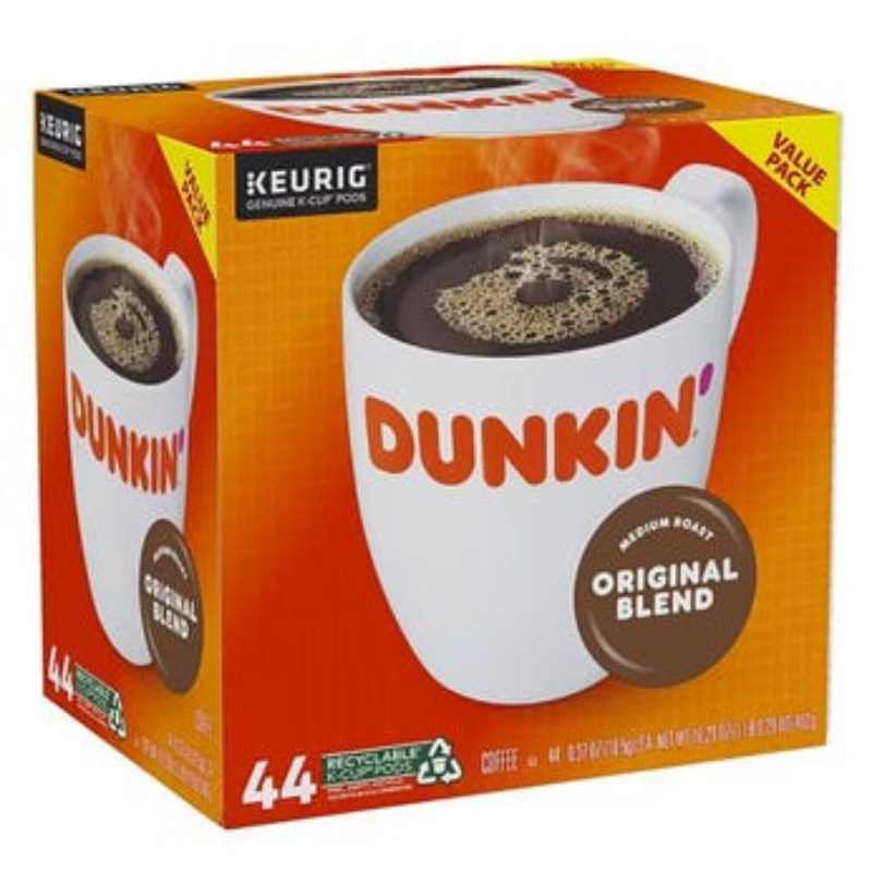 Dunkin' Medium Roast Original Blend coffee, 44 Keurig K-Cup Pods, in recyclable packaging.
