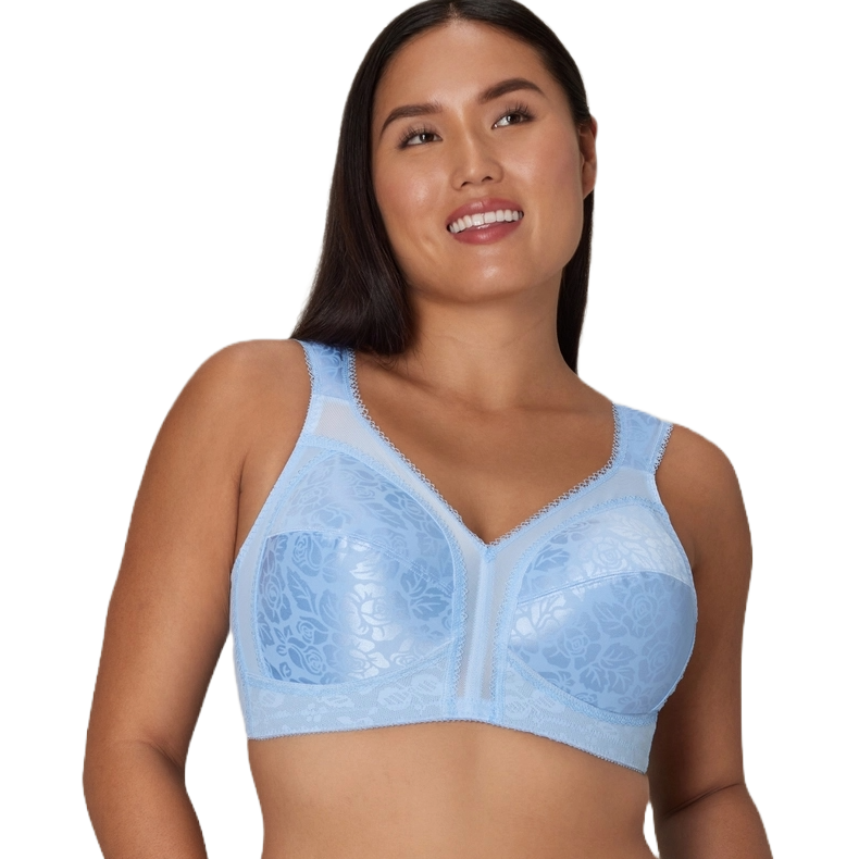 Light blue Playtex 18-Hour bra with floral patterns, designed for shoulder comfort, featuring wide, cushioned straps for support.