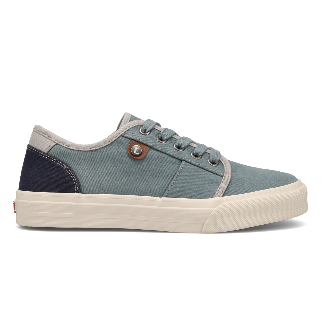Light blue Taos Super Soul sneakers with a navy heel, white sole, and gray accents featuring metal eyelets and a small brown logo tag.