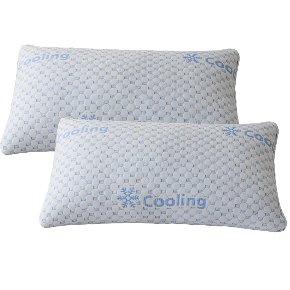 Two cooling pillows with a light blue checkered pattern and the word \“Cooling\“ along with a snowflake icon printed on them.