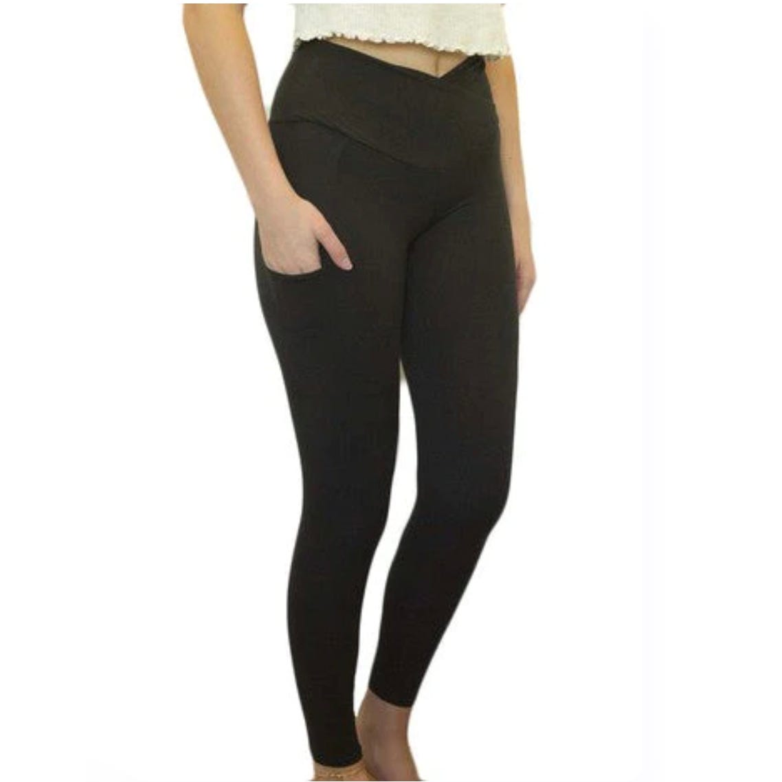 A pair of solid black leggings.