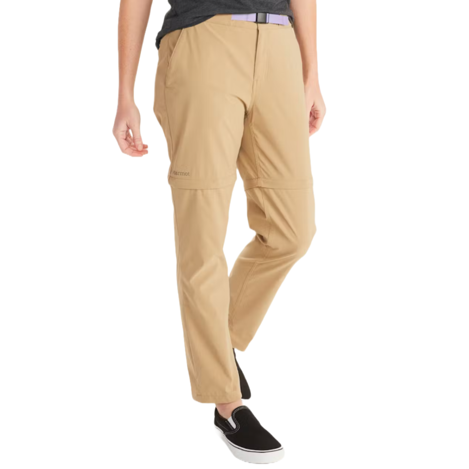 Beige Marmot Kodachrome Convertible Pants with a straight fit, featuring a removable section for transformation into shorts and integrated belt.