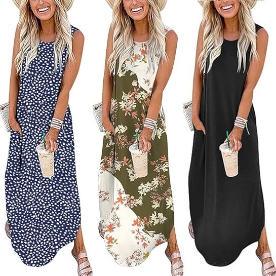 Three sleeveless maxi dresses with different patterns: polka dots, floral print, and solid black.