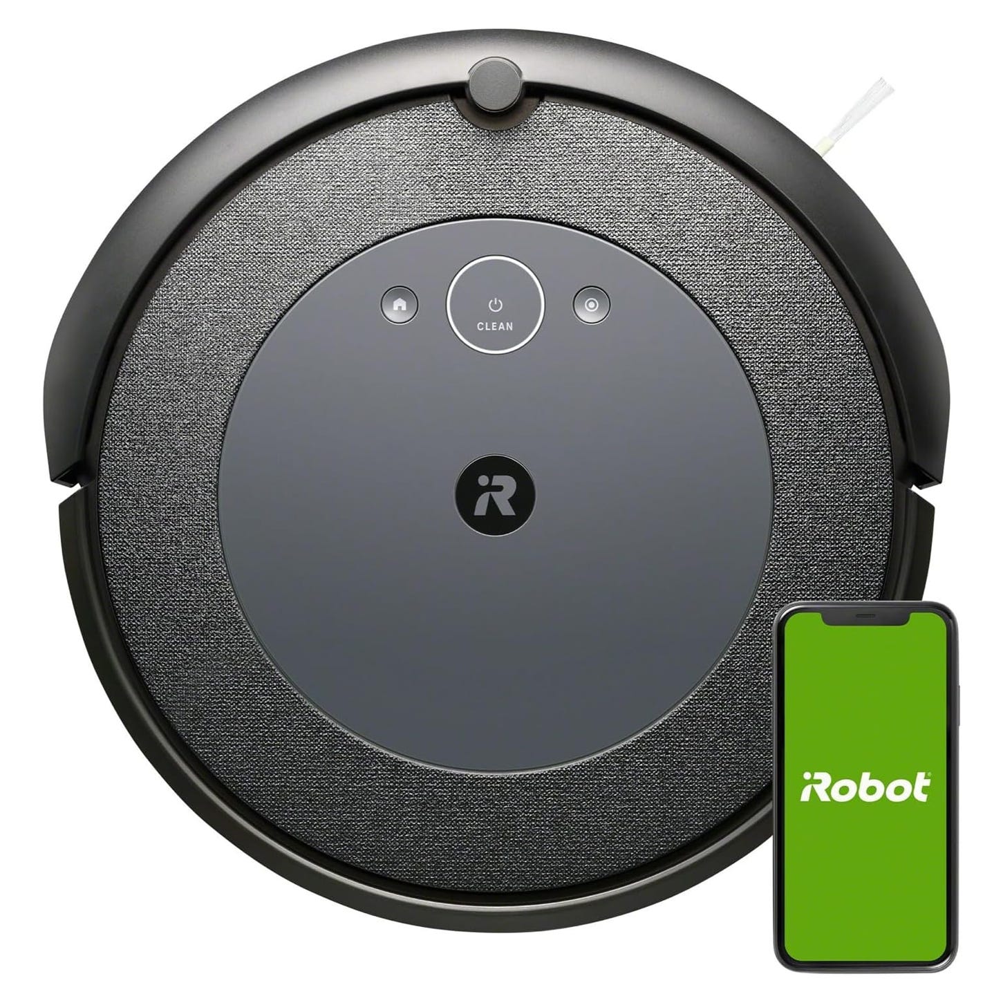 iRobot Roomba vacuum robot with smartphone app compatibility displayed.