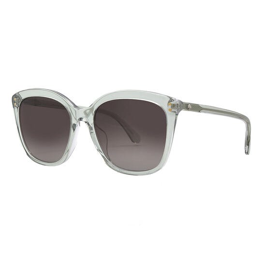 A pair of translucent frame sunglasses with tinted lenses.