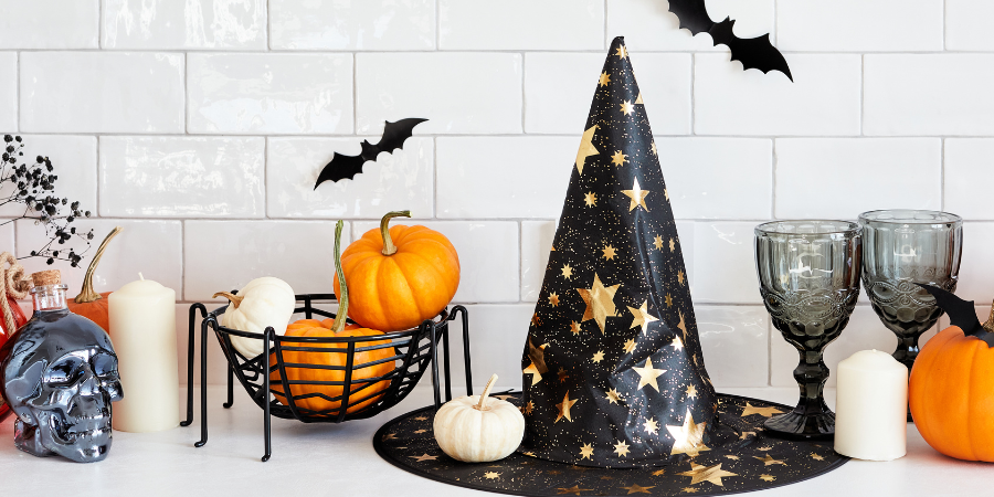 Halloween decorations on white background