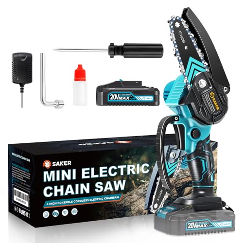 A mini electric chainsaw with a blue and black design, a 4-inch bar, a rechargeable battery, and accessories including a charger, oil bottle, and screwdriver.