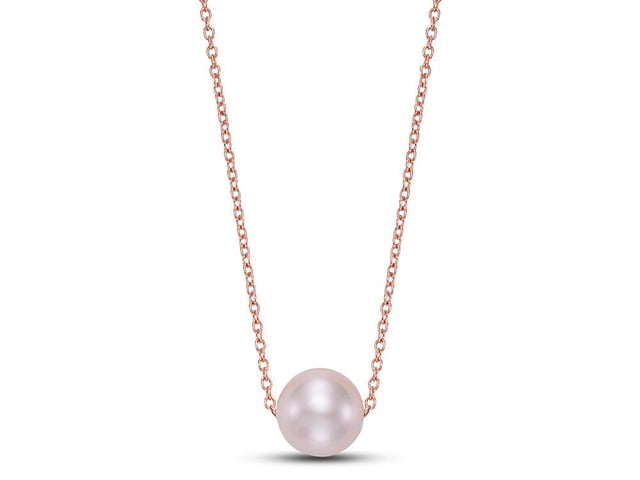 A simple rose gold chain necklace with a single pearl pendant.