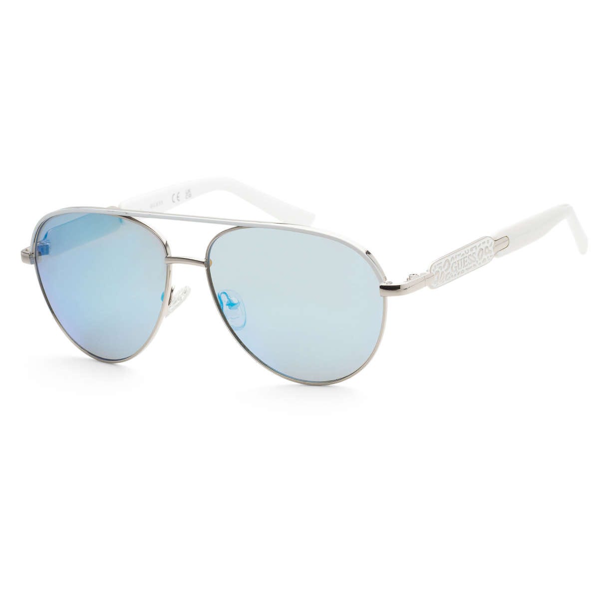 A pair of aviator sunglasses with blue tinted lenses and white temples.