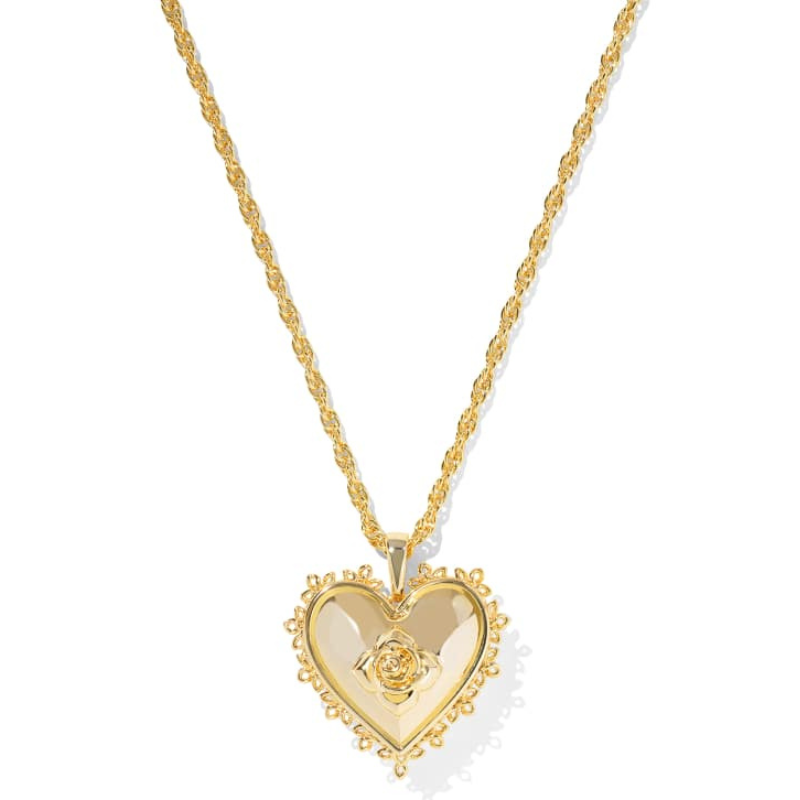 A gold-toned heart-shaped locket necklace on a twisted chain is adorned with a raised rose design on the front and features a delicate textured edge.