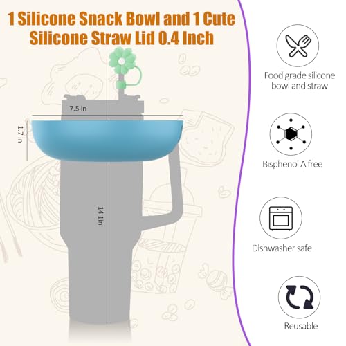 A silicone snack bowl with a straw lid, featuring food-grade materials, Bisphenol A-free, dishwasher safe, and reusable qualities. Dimensions: Bowl 7.5 in, Straw Lid 0.4 in.