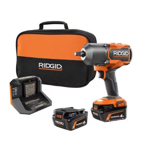 RIDGID cordless impact wrench kit with charger, two 4.0 Ah batteries, and a carrying bag.