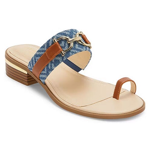 Women's open-toe sandal with a blue denim strap, tan accents, and a small wooden heel.