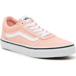 A single light pink canvas sneaker with white laces, a white stripe on the side, and a white rubber sole.