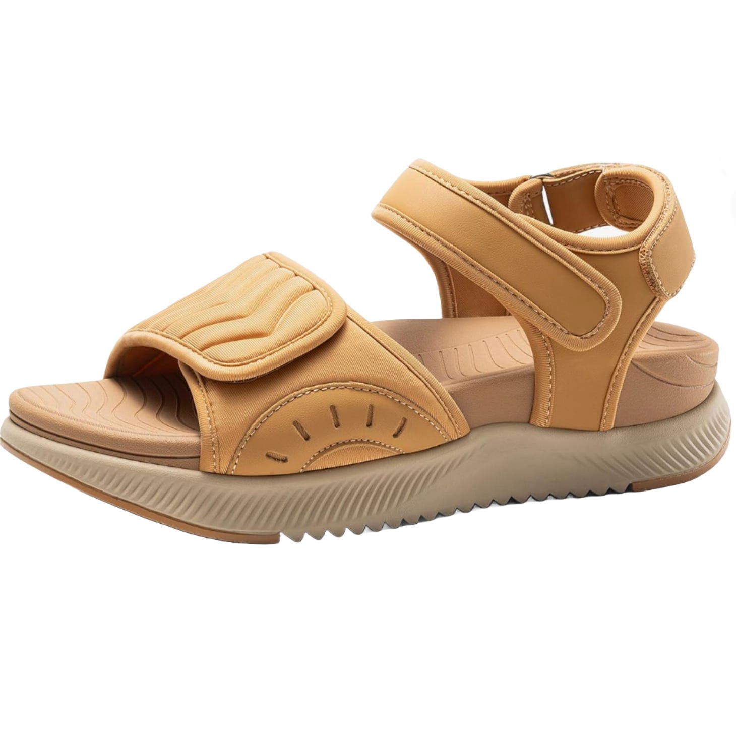 Tan open-toe sandal with a padded strap, hook-and-loop closures, and a wavy textured sole.