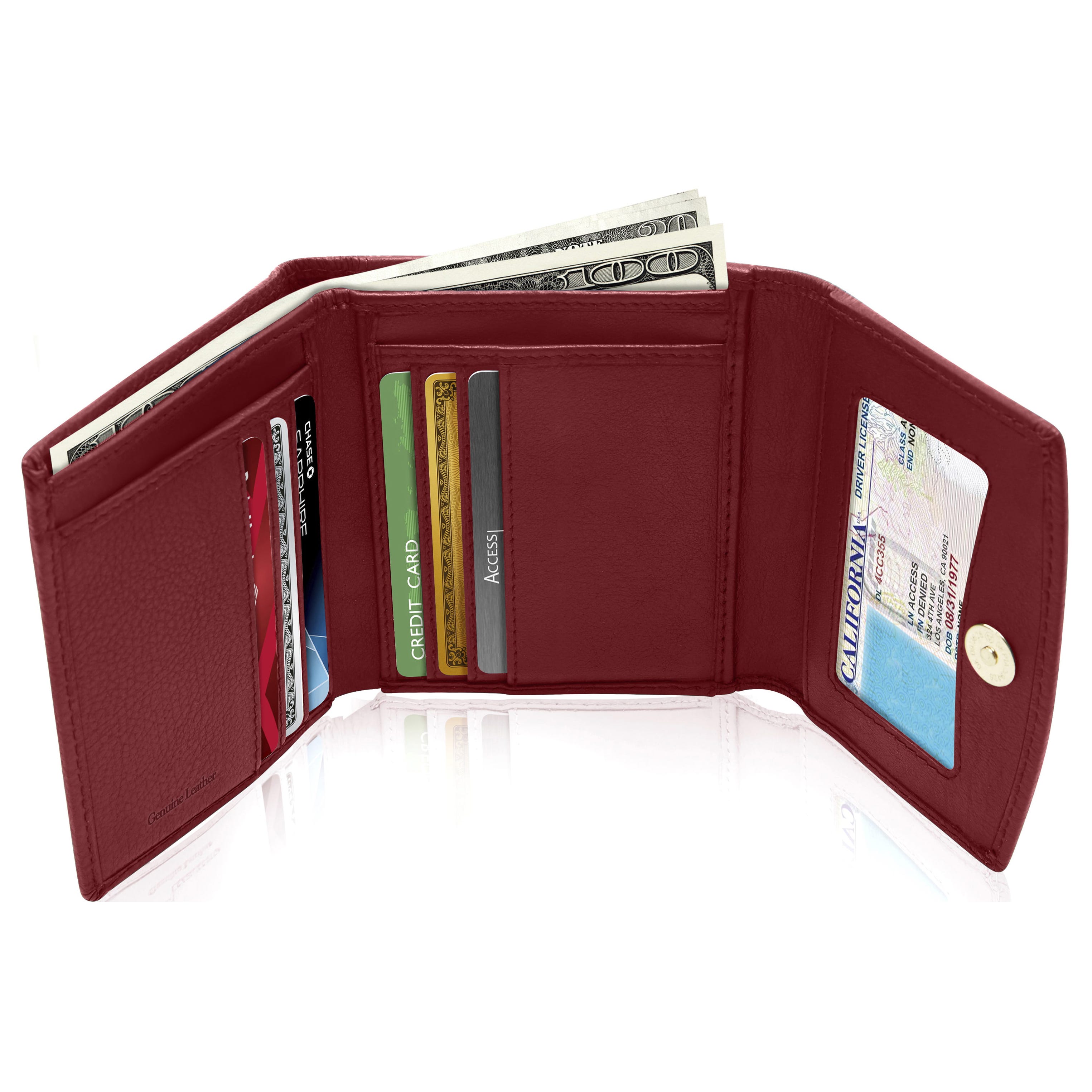 Opened burgundy wallet displaying cash, credit cards, and a California driver's license.