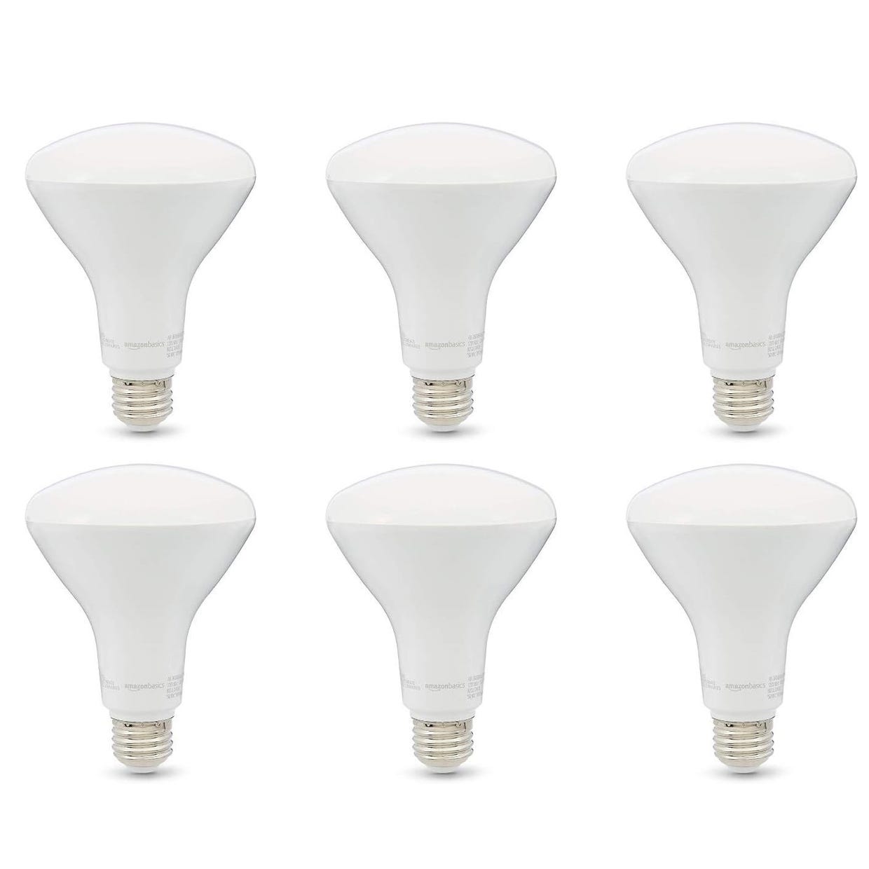 Six white LED light bulbs with a br30 shape and standard screw base.