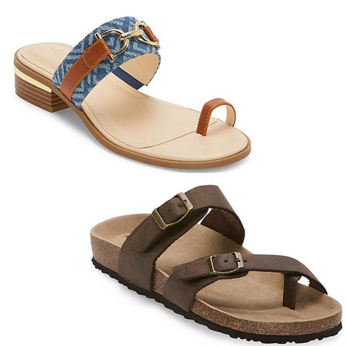 Two pairs of sandals, one with a blue denim strap and tan sole, and the other with brown straps and a cork sole.