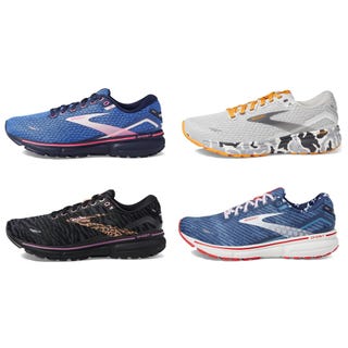 Four pairs of running shoes with various patterns and color schemes, all from the same brand.