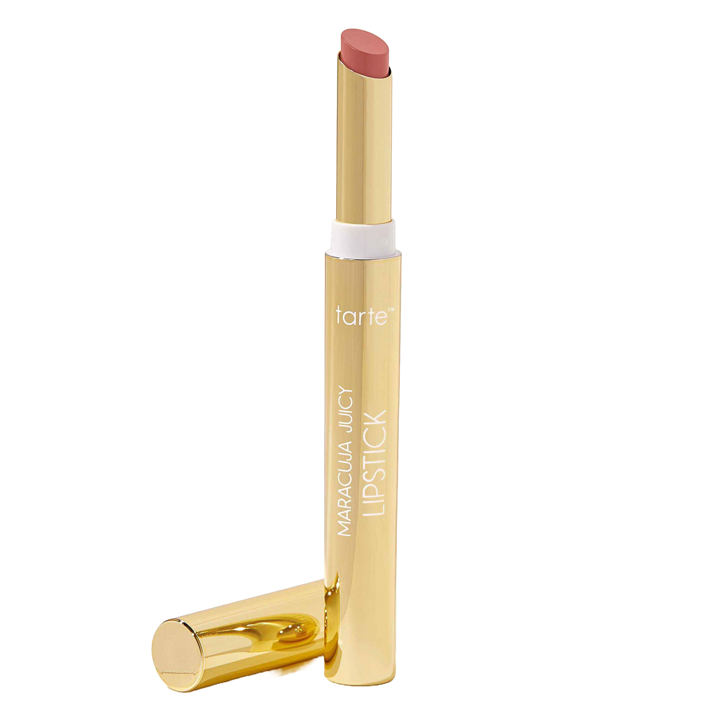 Tarte Maracuja Juicy Lipstick in a sleek gold tube features a creamy formula enriched with maracuja oil for hydration. The lipstick is a light pink shade and designed for moisturizing and smoothing lips.