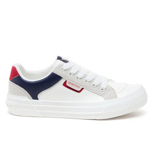 White and gray sneakers with blue and red color blocking, featuring a textured rubber sole and lace-up design.