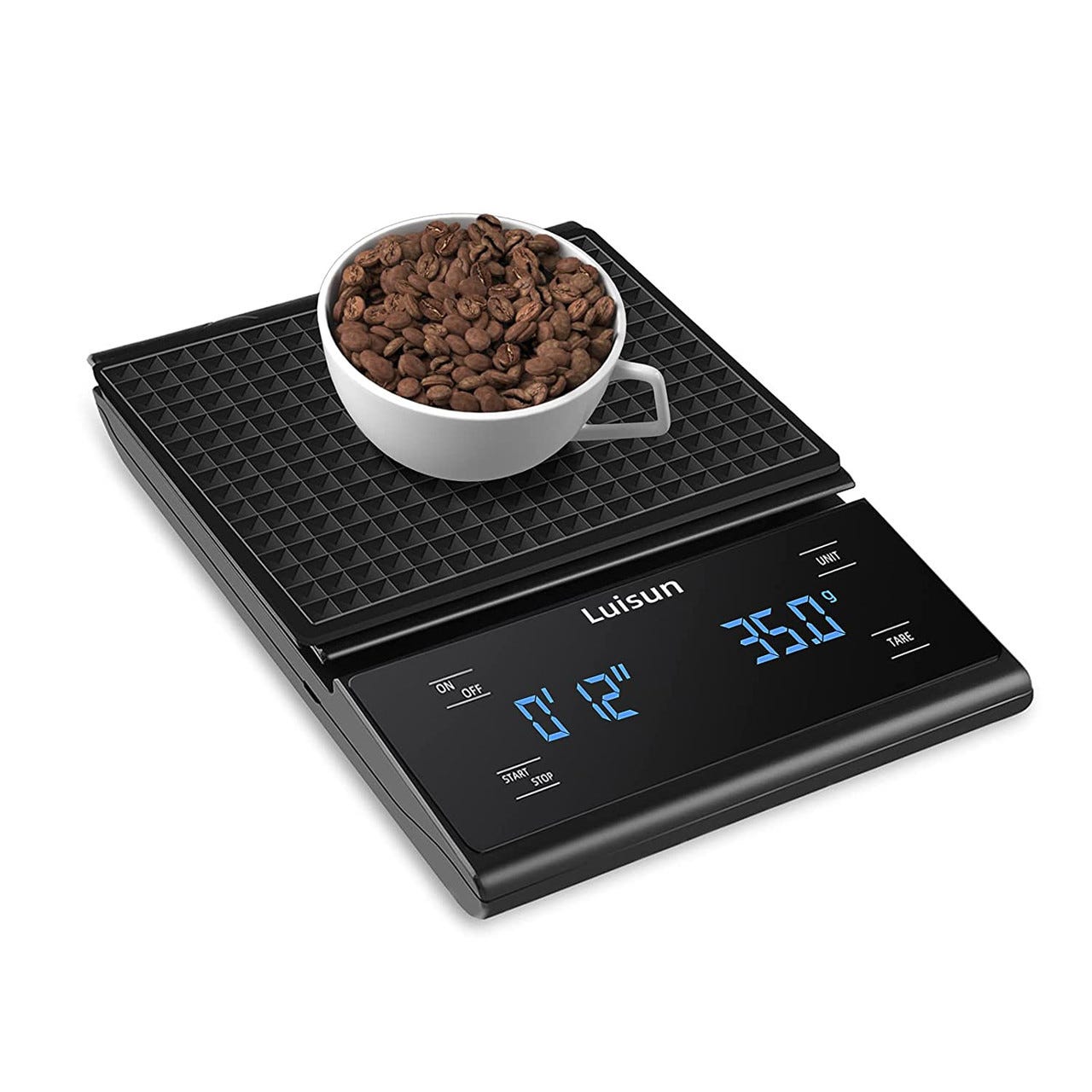 A digital kitchen scale with a bowl of coffee beans on top, displaying weight and temperature readings.