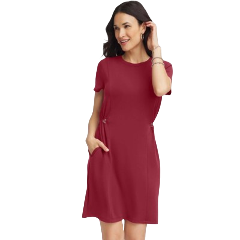A short-sleeve burgundy dress featuring a bungee waist detail with adjustable toggles, pockets, and a relaxed fit.