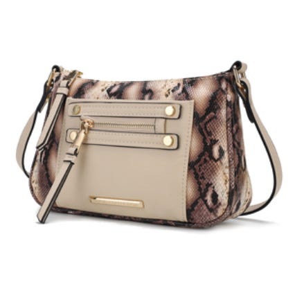 A stylish shoulder bag with a beige front pocket and a snake skin pattern on the sides, featuring gold-tone hardware and a black strap.