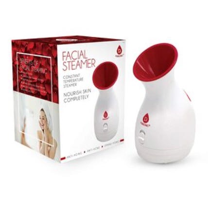 Facial steamer with a red and white design, alongside its packaging that highlights benefits like anti-aging and skin nourishment.