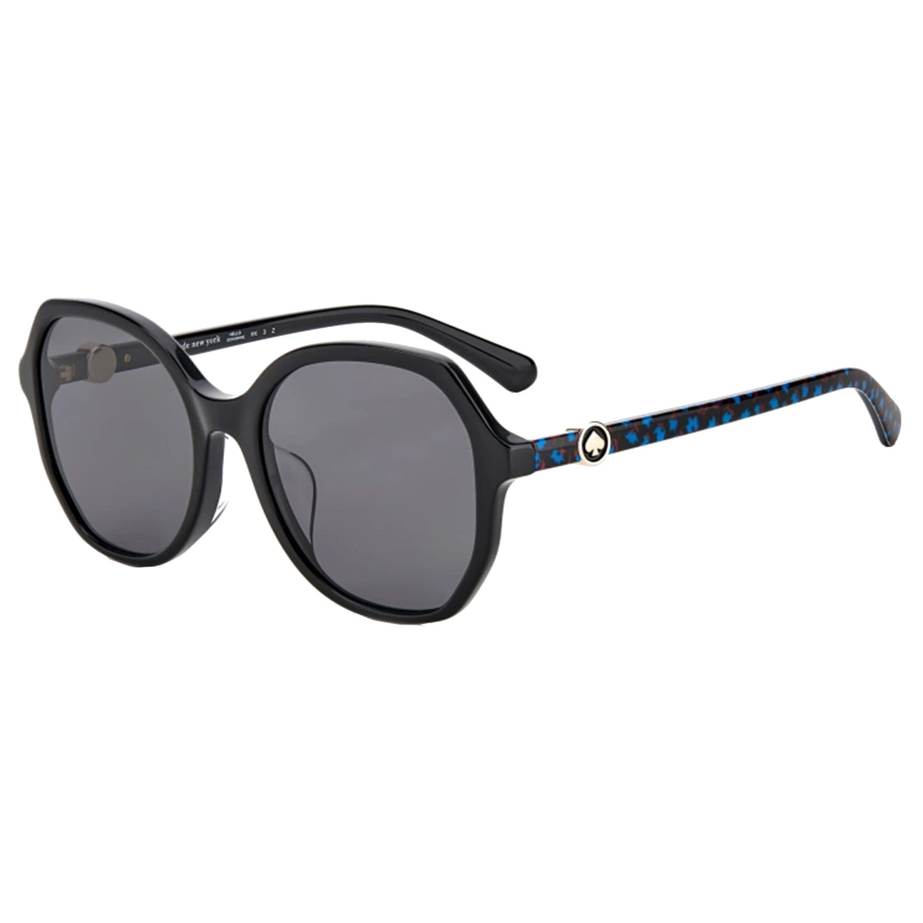 Kate Spade polarized sunglasses feature oversized black frames with rounded lenses and tortoiseshell-patterned arms in blue hues, adorned with a spade logo on the temples.