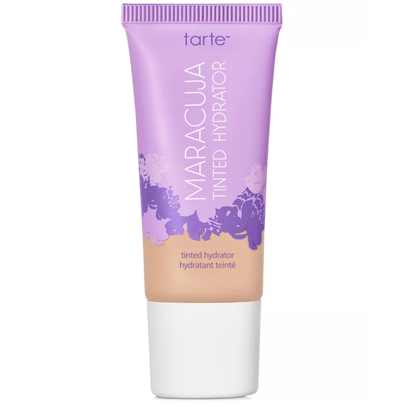 Tarte Maracuja Tinted Hydrator is a lightweight, hydrating tinted moisturizer in a purple tube with floral designs, designed to provide sheer coverage and a natural finish.