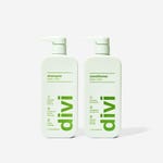 Two white bottles with green text, one labeled 'shampoo' and the other 'conditioner', both designed to hydrate and restore hair.