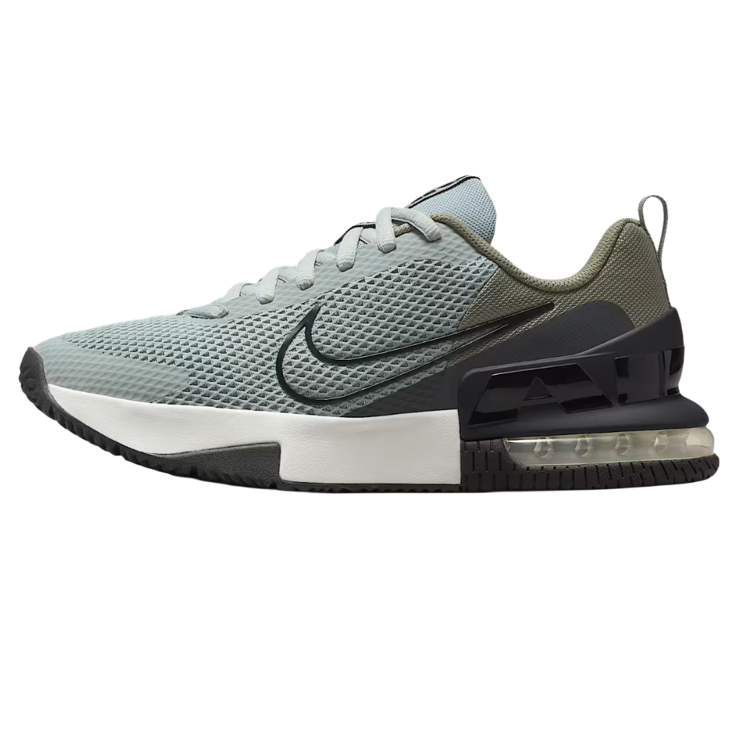 A light grey Nike sneaker with a mesh upper, black swoosh, and visible air cushioning in the heel, featuring a lace-up closure and pull tab on the heel.