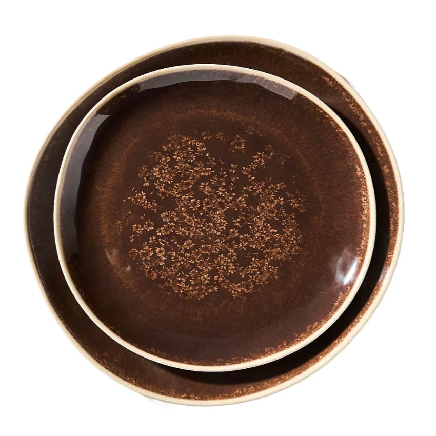 Two stacked brown ceramic plates with a textured pattern in the center, featuring subtle beige edges.
