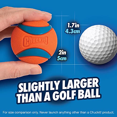 Two Chuckit! brand dog balls, one orange with a blue stripe, slightly larger than a golf ball shown for comparison, with dimensions of 1.7 inches and 2 inches.