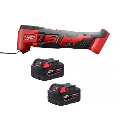 Red and black corded power tool with two black M18 lithium-ion XC5.0 batteries.