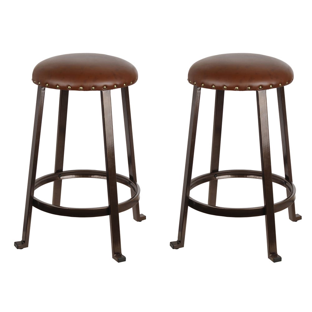 Two brown faux-leather barstools with round cushioned seats, metallic studs along the rim, and dark wooden legs with circular support frames.