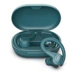 Teal-colored JLab Sport Earbuds with over-ear hooks are displayed inside their open charging case.