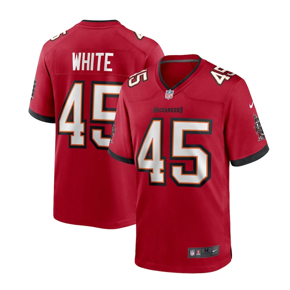 Red Tampa Bay Buccaneers jersey with \“WHITE\“ and number 45 on the front and back, featuring NFL and Nike logos.