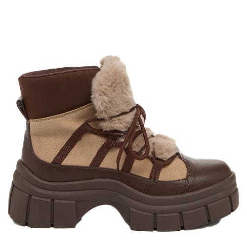 Brown Rocket Dog Tiger Booties feature a chunky platform sole, lace-up front, faux fur trim, and leather-like accents on a canvas upper, blending style with functionality.