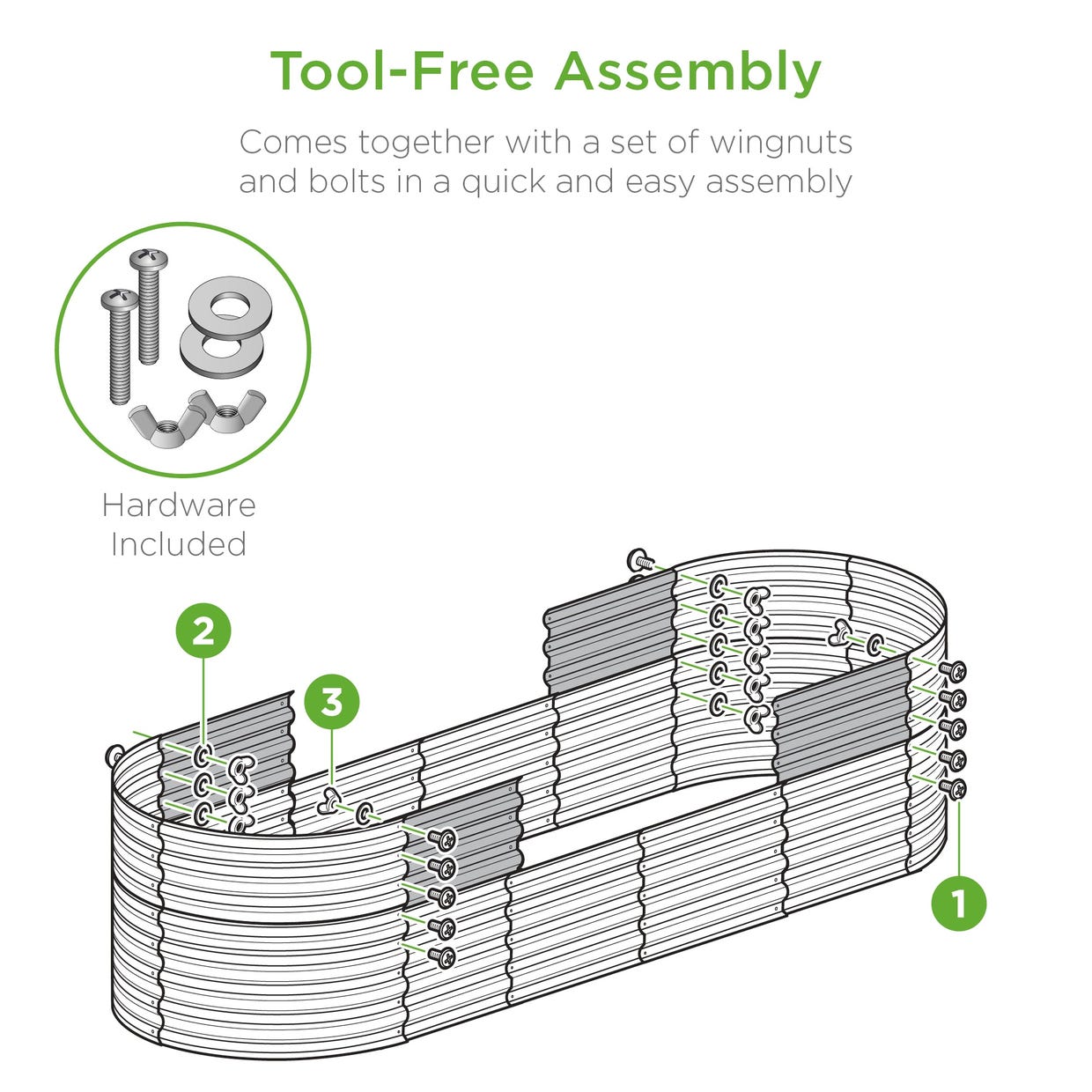 An illustration of an oval-shaped garden bed featuring a tool-free assembly with included hardware such as wingnuts and bolts.