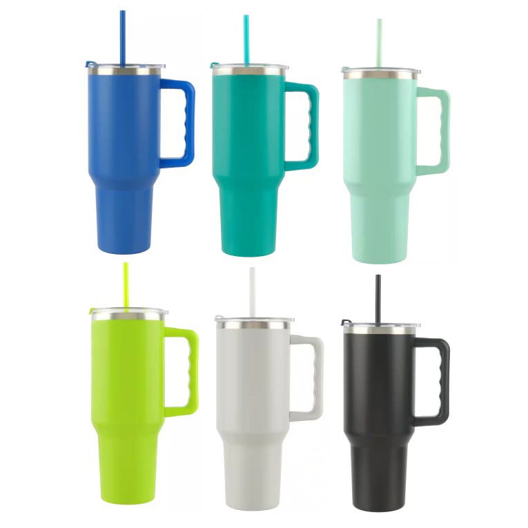 Six travel mugs with lids and straws in various colors including blue, teal, mint, lime green, grey, and black.