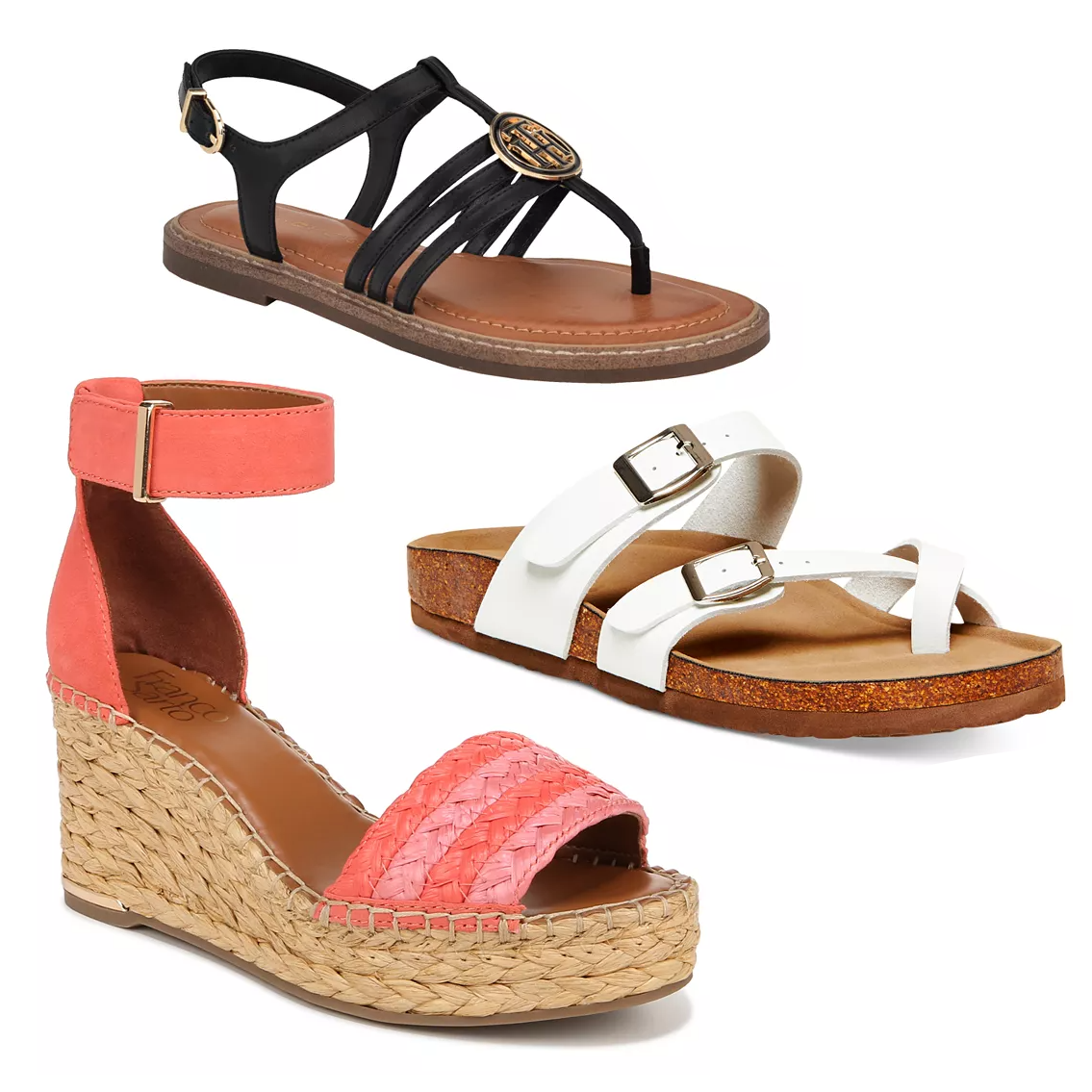 Three different styles of women's sandals: a black T-strap with a circular emblem, a white two-strap with buckles, and a coral woven wedge heel.
